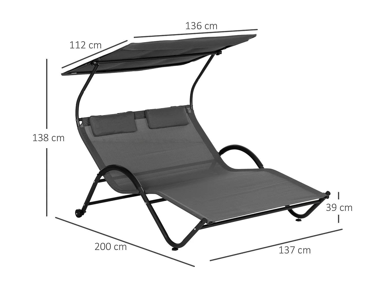Bain de soleil 2 places lit de jardin design contemporain auvent réglable roulettes tétières acier époxy polyester gris