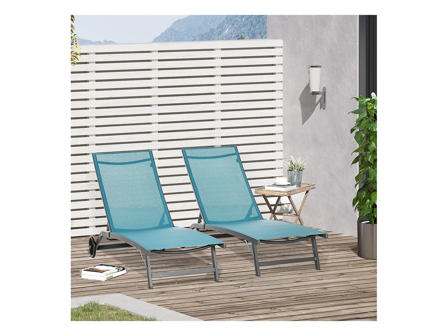 Lot de 2 bains de soleil transats inclinables - 2 roulettes - alu. textilène bleu