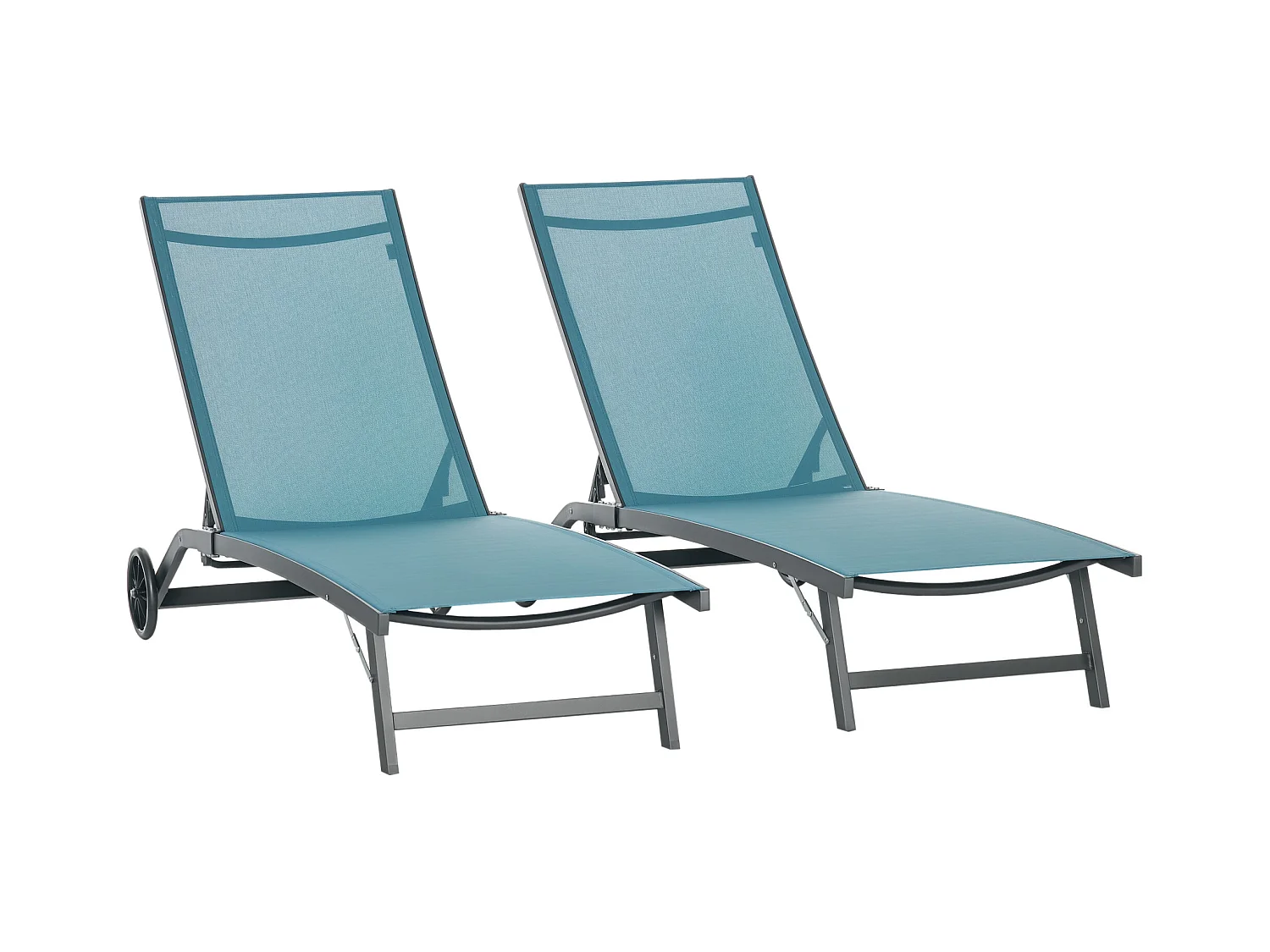 Lot de 2 bains de soleil transats inclinables - 2 roulettes - alu. textilène bleu