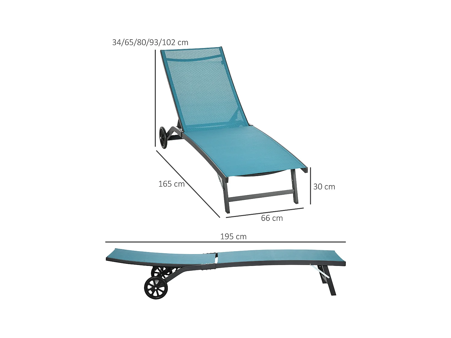 Lot de 2 bains de soleil transats inclinables - 2 roulettes - alu. textilène bleu