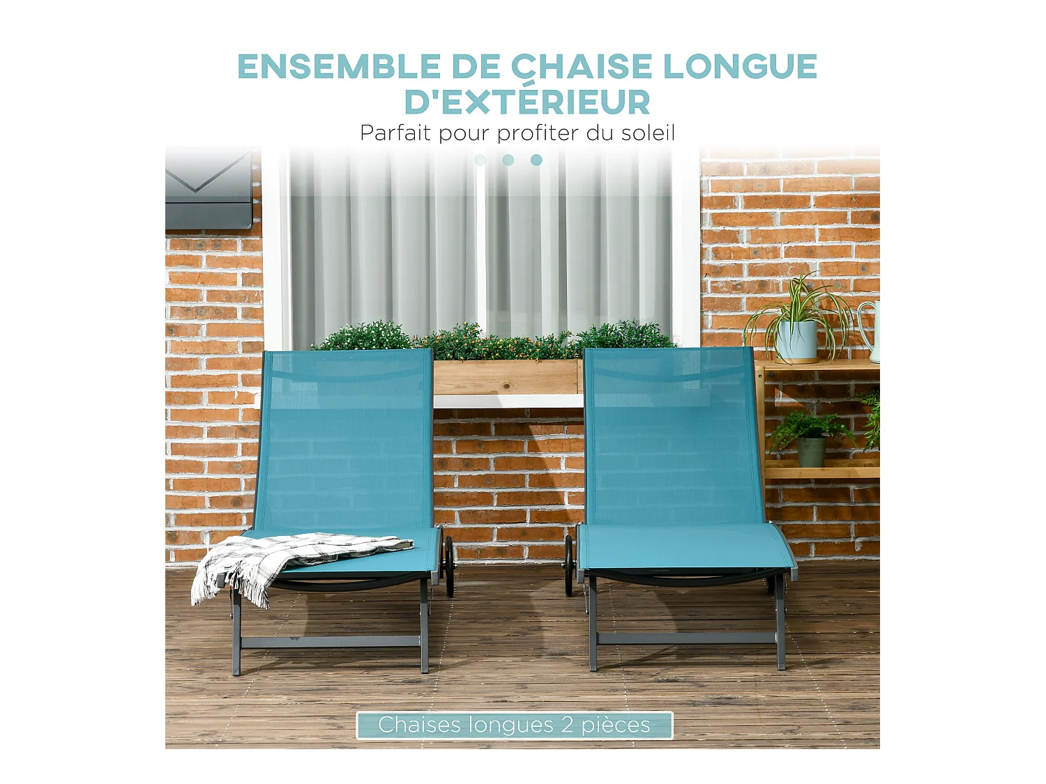 Lot de 2 bains de soleil transats inclinables - 2 roulettes - alu. textilène bleu