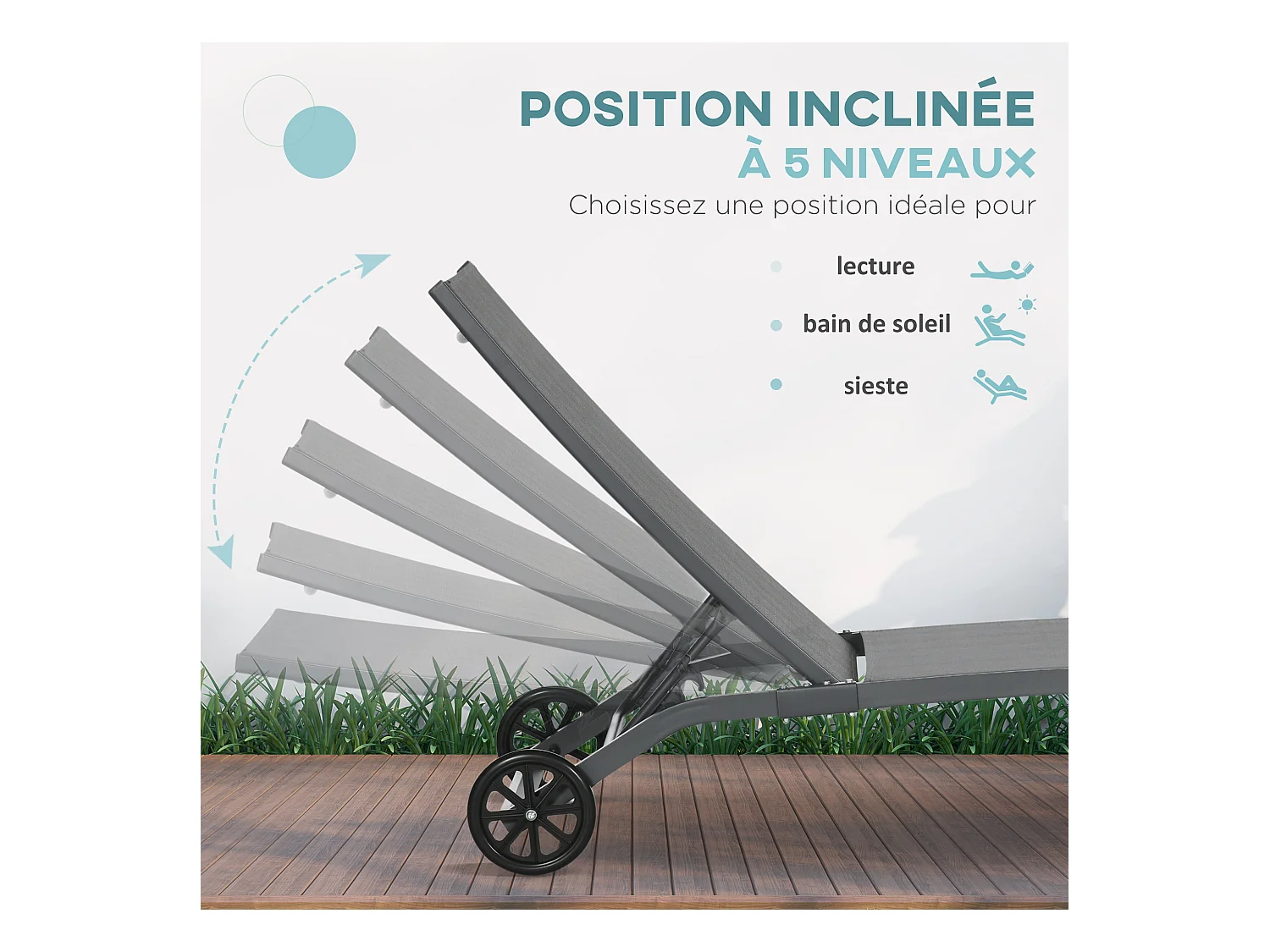 Lot de 2 bains de soleil transats inclinables - 2 roulettes - alu. textilène bleu