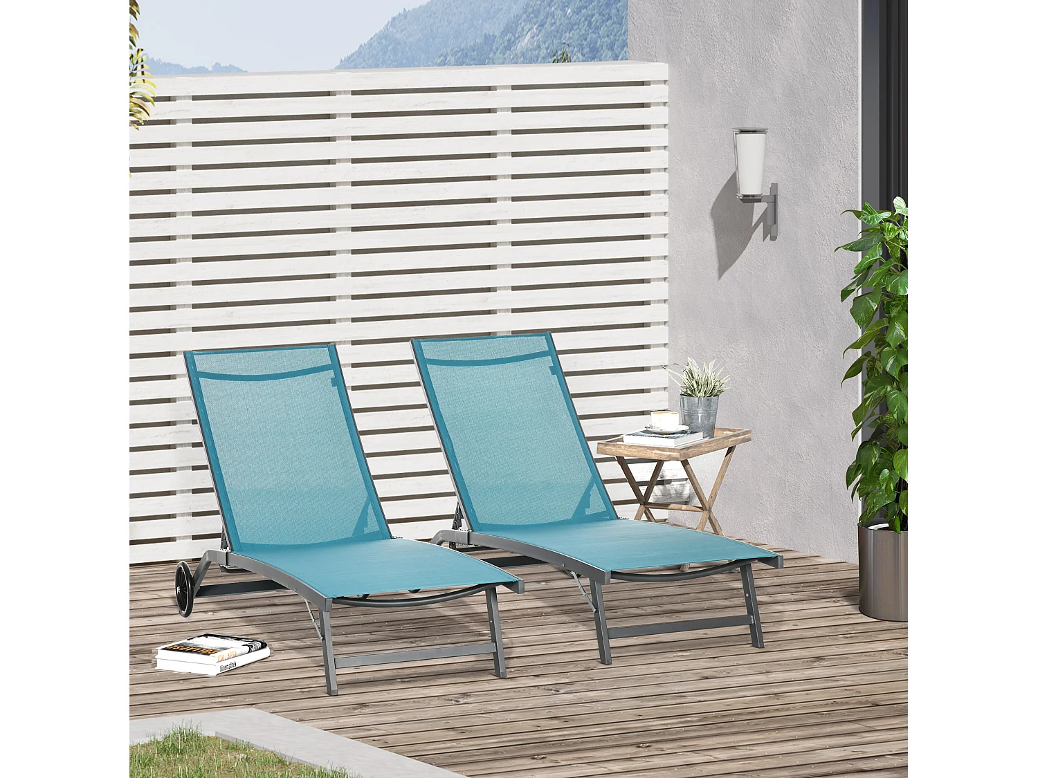 Lot de 2 bains de soleil transats inclinables - 2 roulettes - alu. textilène bleu