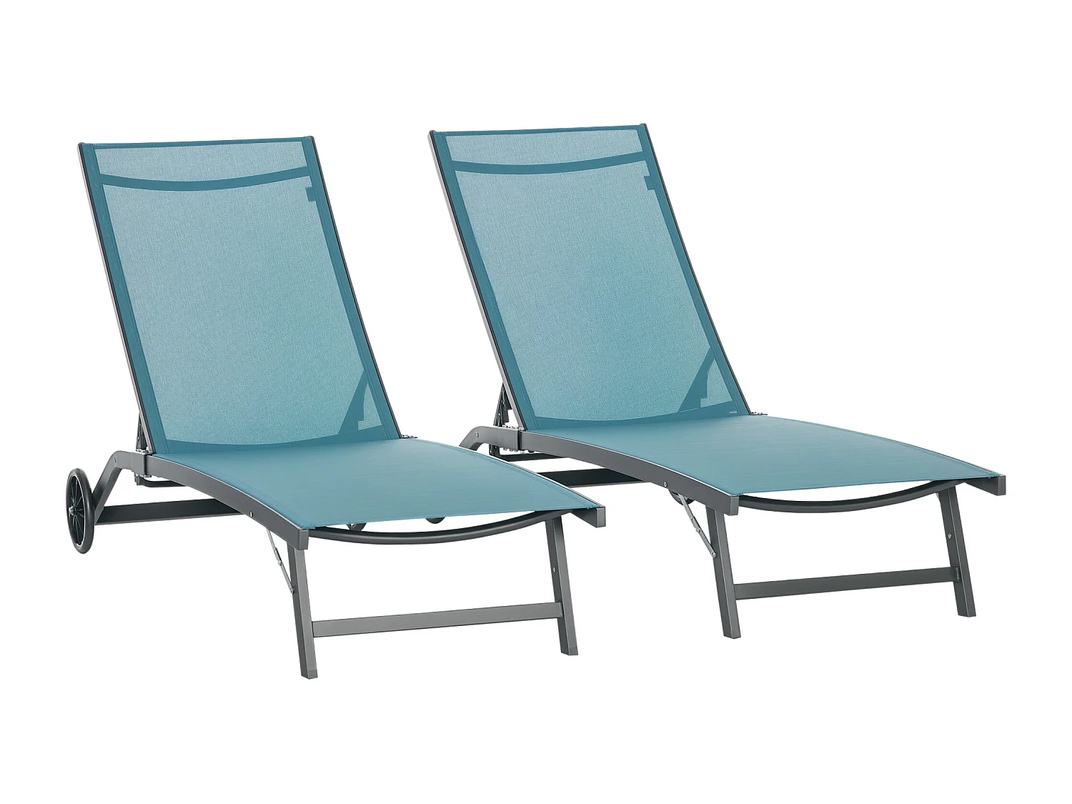 Lot de 2 bains de soleil transats inclinables - 2 roulettes - alu. textilène bleu