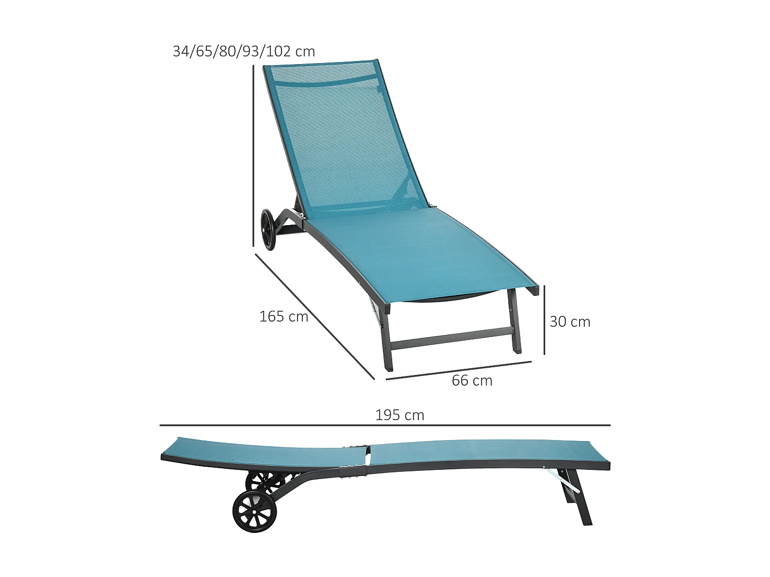 Lot de 2 bains de soleil transats inclinables - 2 roulettes - alu. textilène bleu
