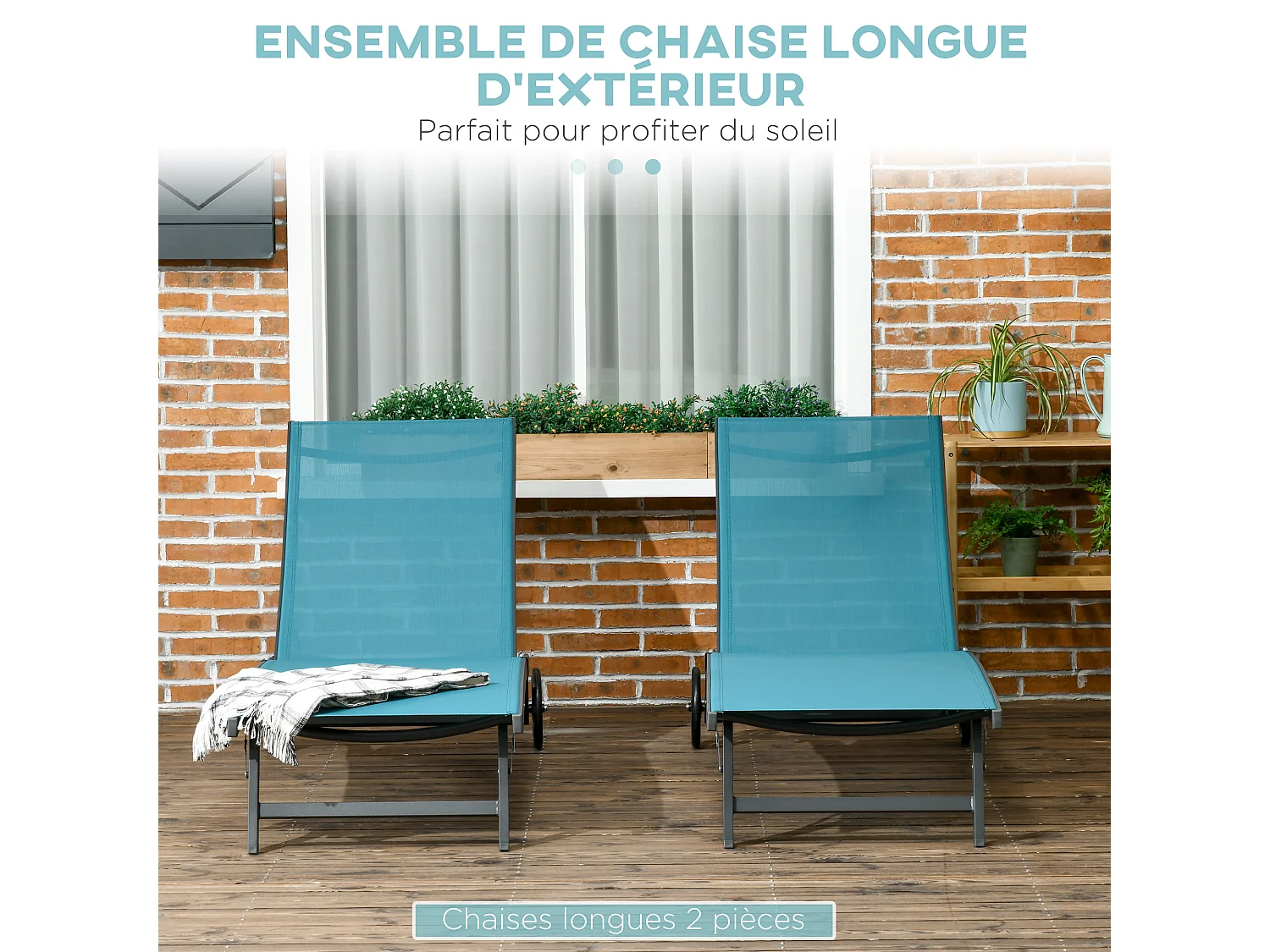 Lot de 2 bains de soleil transats inclinables - 2 roulettes - alu. textilène bleu