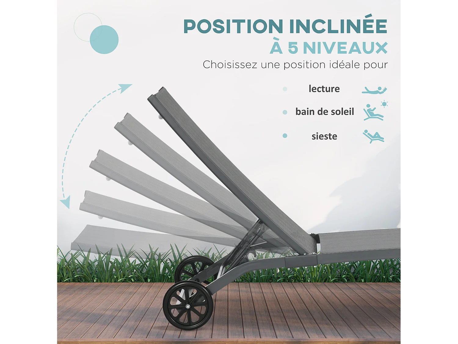 Lot de 2 bains de soleil transats inclinables - 2 roulettes - alu. textilène bleu