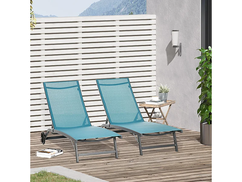 Lot de 2 bains de soleil transats inclinables - 2 roulettes - alu. textilène bleu