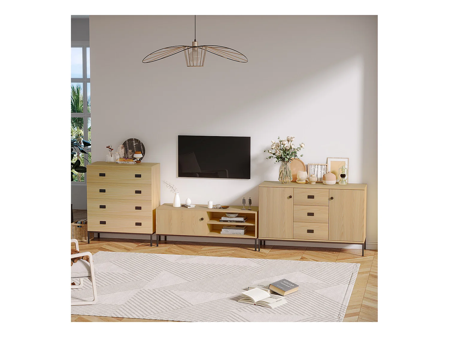 Buffet design industriel - 2 portes avec étagère, 3 tiroirs - piètement métal noir panneaux aspect bois clair