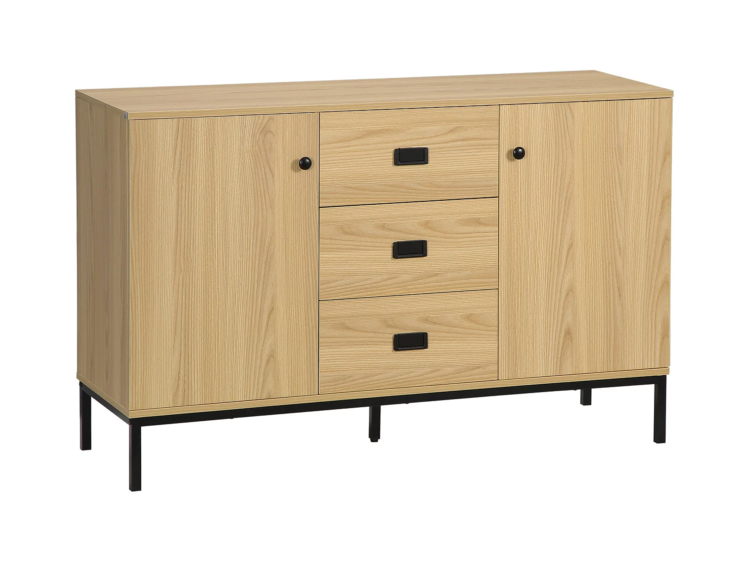 Buffet design industriel - 2 portes avec étagère, 3 tiroirs - piètement métal noir panneaux aspect bois clair