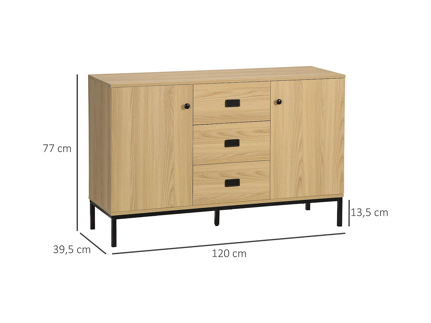 Buffet design industriel - 2 portes avec étagère, 3 tiroirs - piètement métal noir panneaux aspect bois clair
