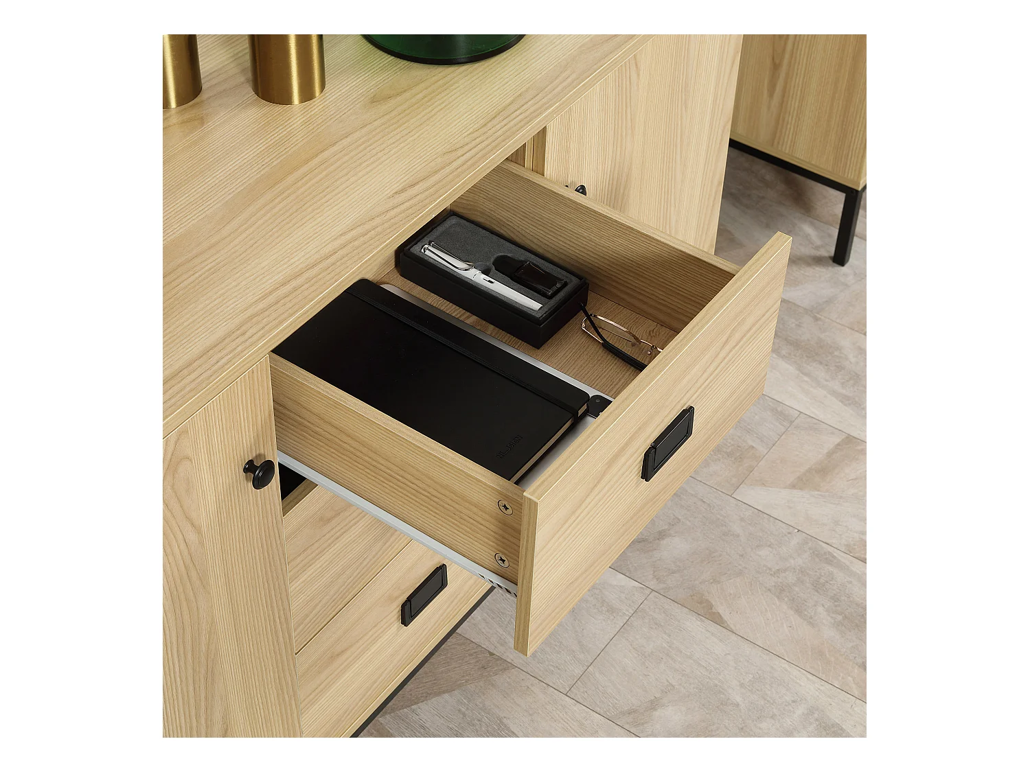 Buffet design industriel - 2 portes avec étagère, 3 tiroirs - piètement métal noir panneaux aspect bois clair