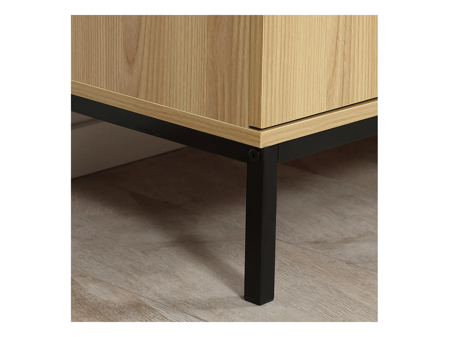 Buffet design industriel - 2 portes avec étagère, 3 tiroirs - piètement métal noir panneaux aspect bois clair