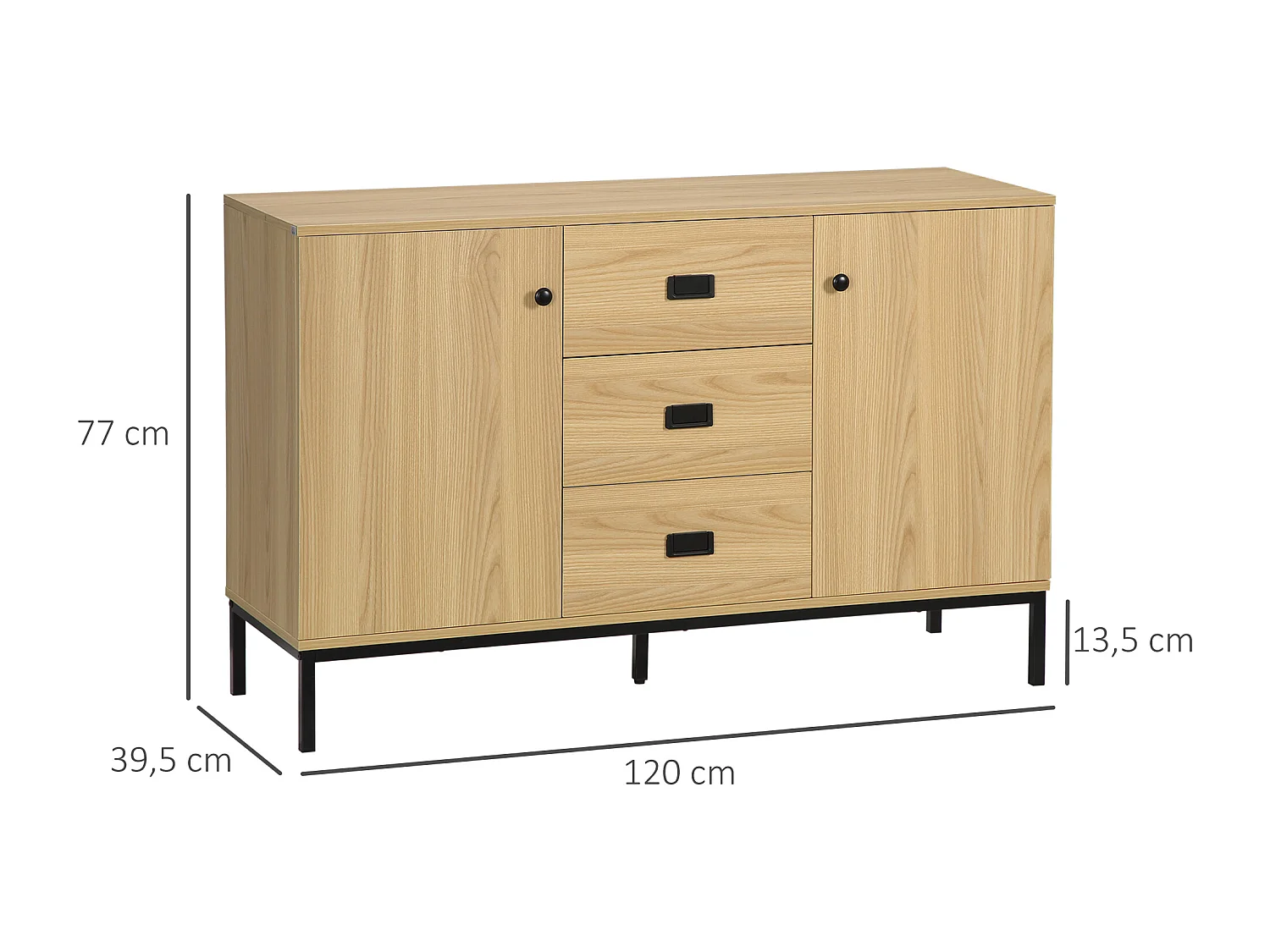 Buffet design industriel - 2 portes avec étagère, 3 tiroirs - piètement métal noir panneaux aspect bois clair