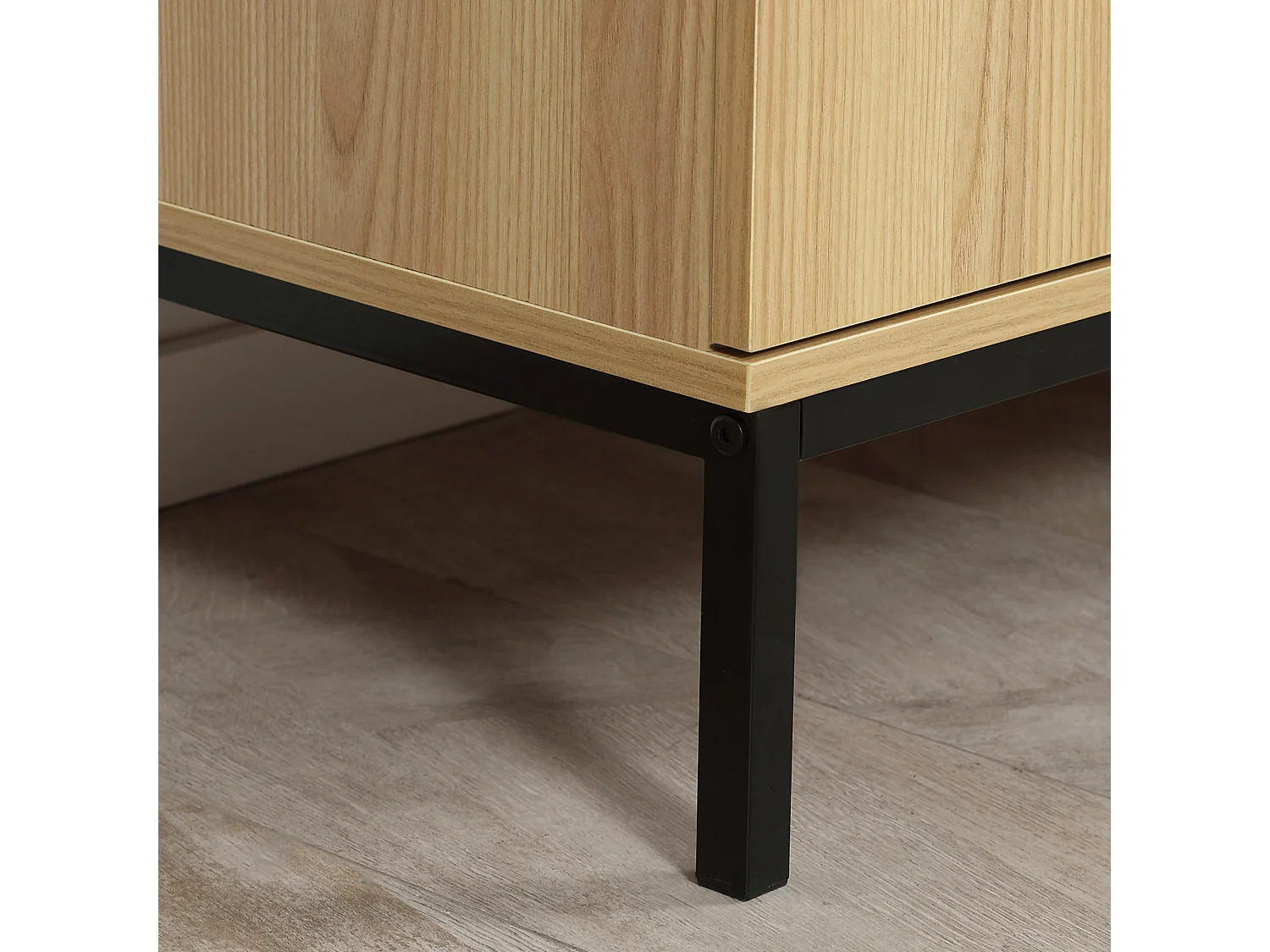 Buffet design industriel - 2 portes avec étagère, 3 tiroirs - piètement métal noir panneaux aspect bois clair