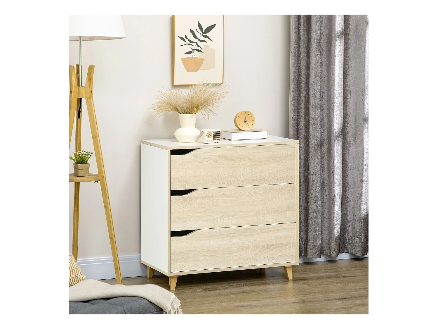 Commode design scandinave 3 tiroirs piètement effilé panneaux MDF blanc aspect bois clair