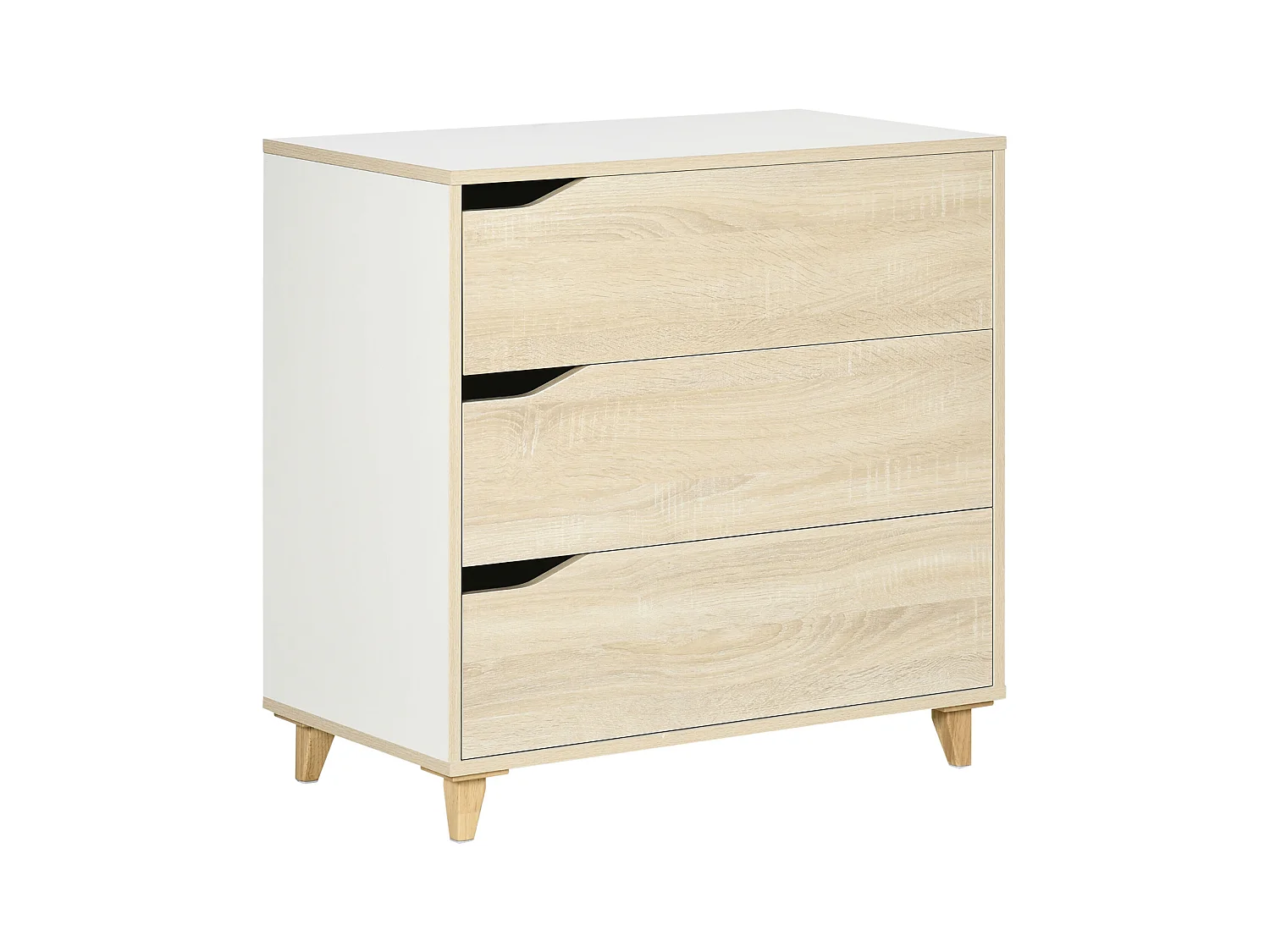 Commode design scandinave 3 tiroirs piètement effilé panneaux MDF blanc aspect bois clair