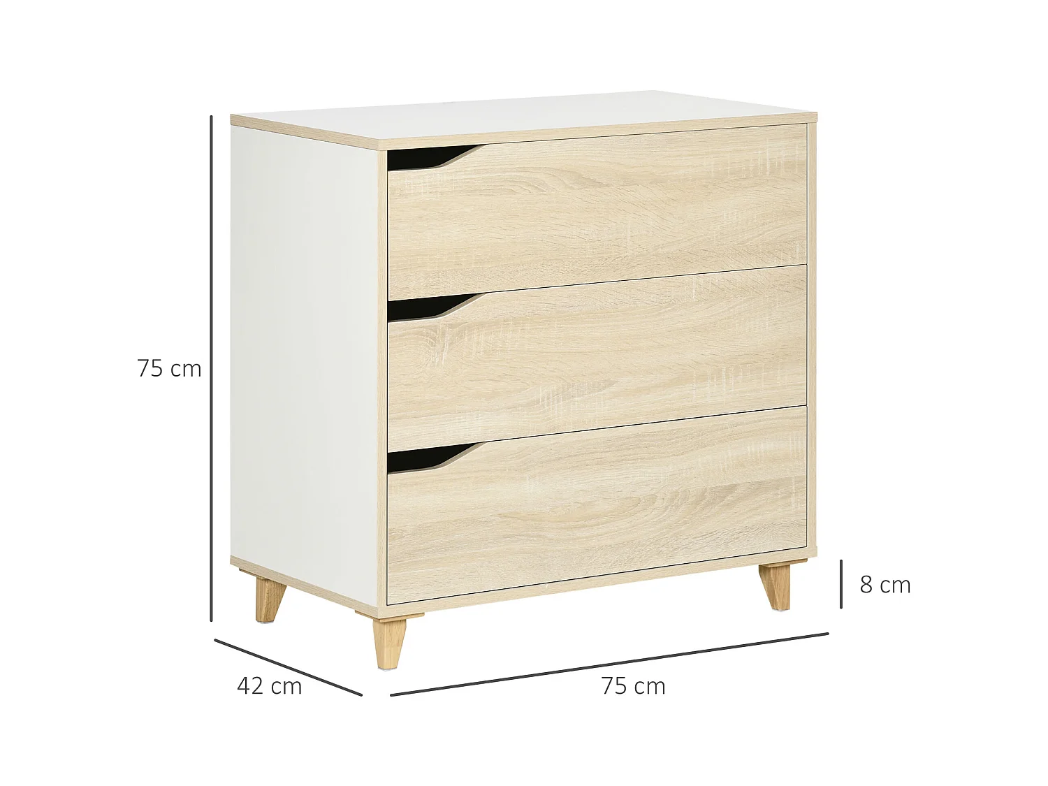Commode design scandinave 3 tiroirs piètement effilé panneaux MDF blanc aspect bois clair