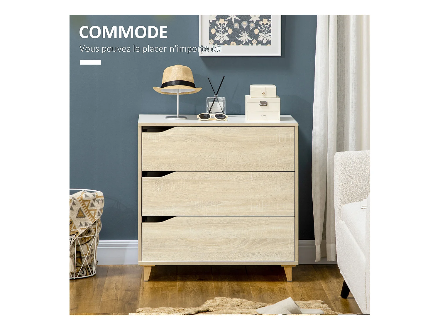 Commode design scandinave 3 tiroirs piètement effilé panneaux MDF blanc aspect bois clair