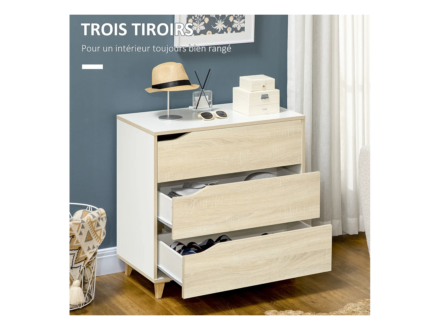 Commode design scandinave 3 tiroirs piètement effilé panneaux MDF blanc aspect bois clair
