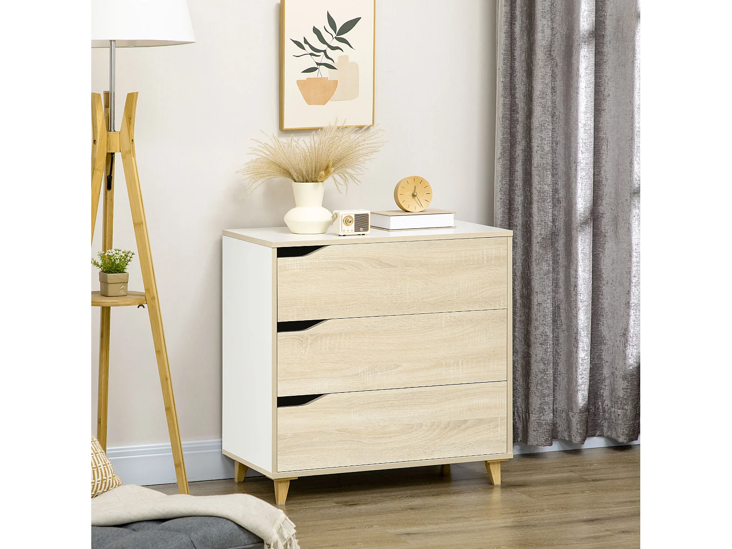 Commode design scandinave 3 tiroirs piètement effilé panneaux MDF blanc aspect bois clair