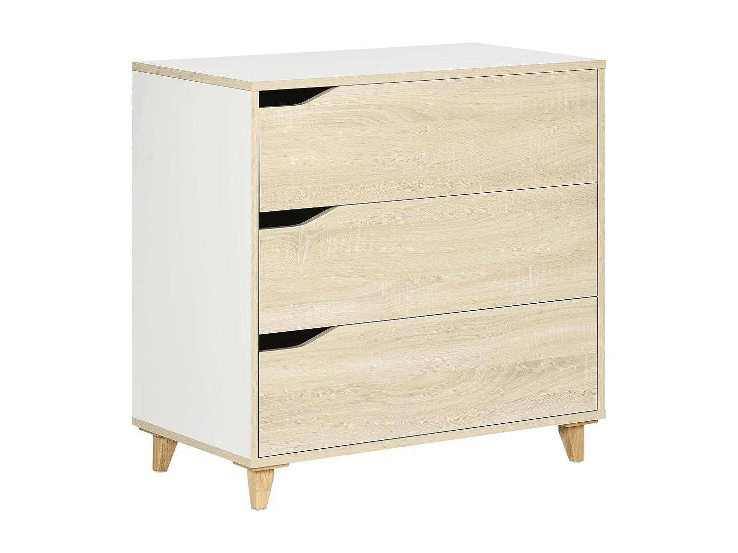 Commode design scandinave 3 tiroirs piètement effilé panneaux MDF blanc aspect bois clair