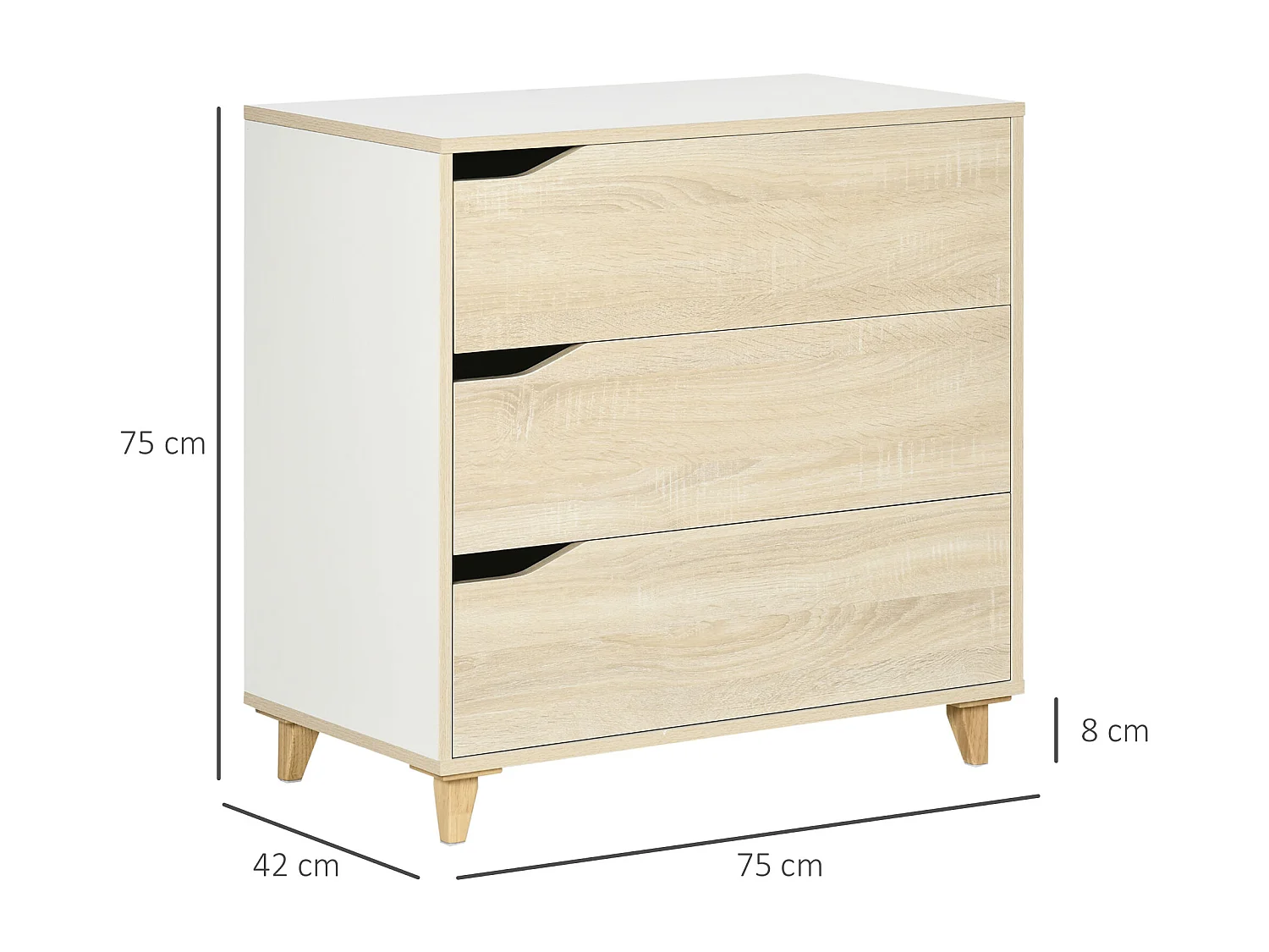 Commode design scandinave 3 tiroirs piètement effilé panneaux MDF blanc aspect bois clair