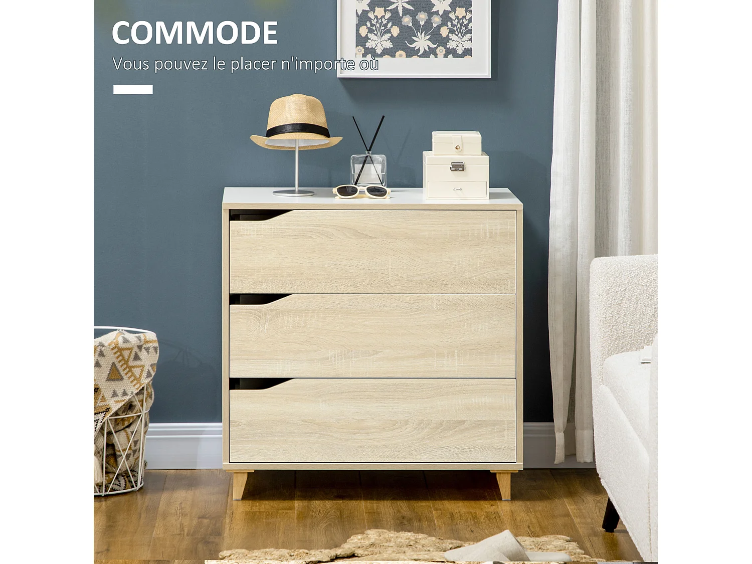Commode design scandinave 3 tiroirs piètement effilé panneaux MDF blanc aspect bois clair