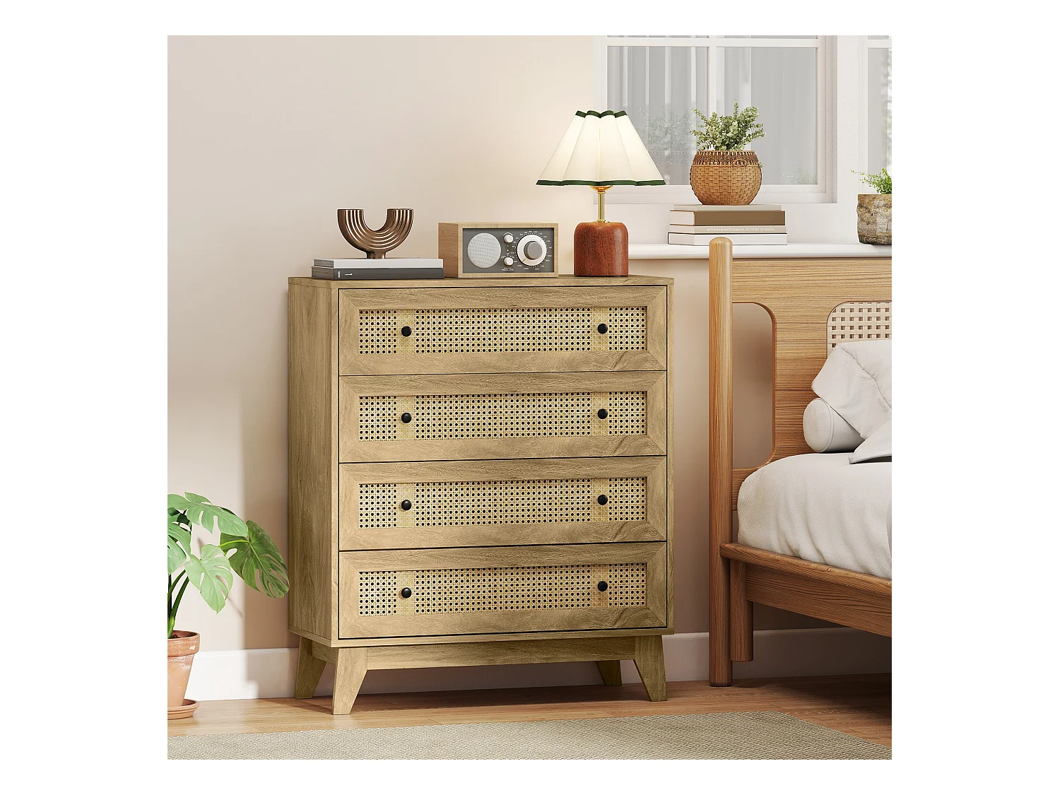 Commode 4 tiroirs style bohème chic cannage en rotin aspect bois de manguier