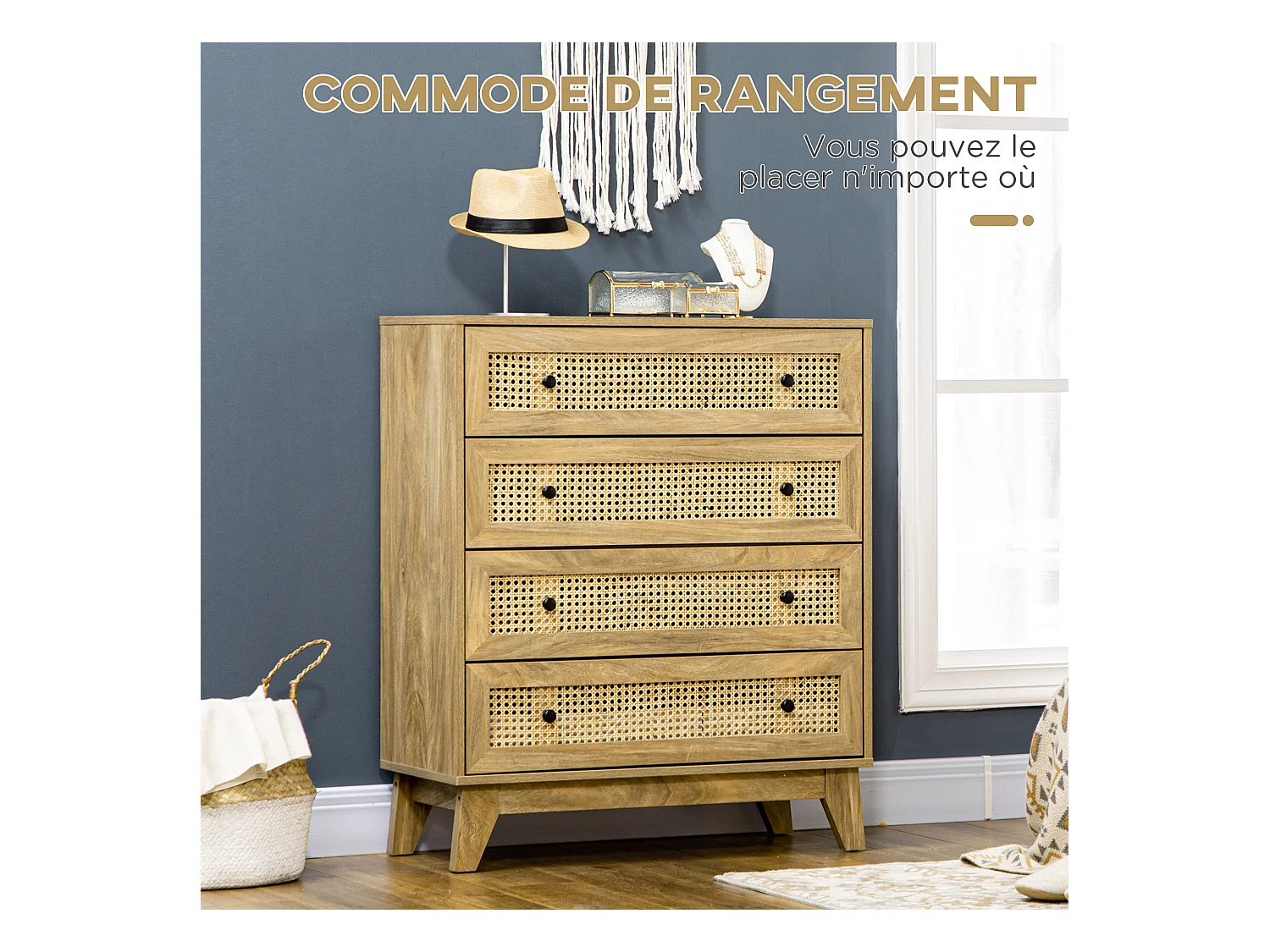 Commode 4 tiroirs style bohème chic cannage en rotin aspect bois de manguier