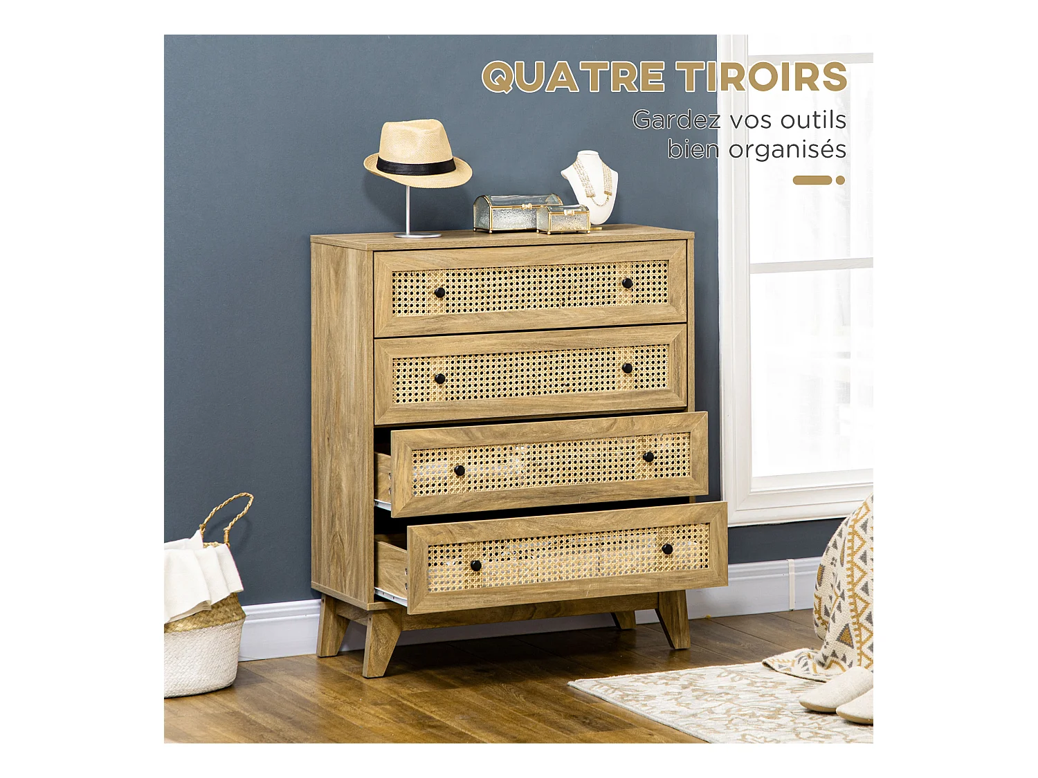 Commode 4 tiroirs style bohème chic cannage en rotin aspect bois de manguier