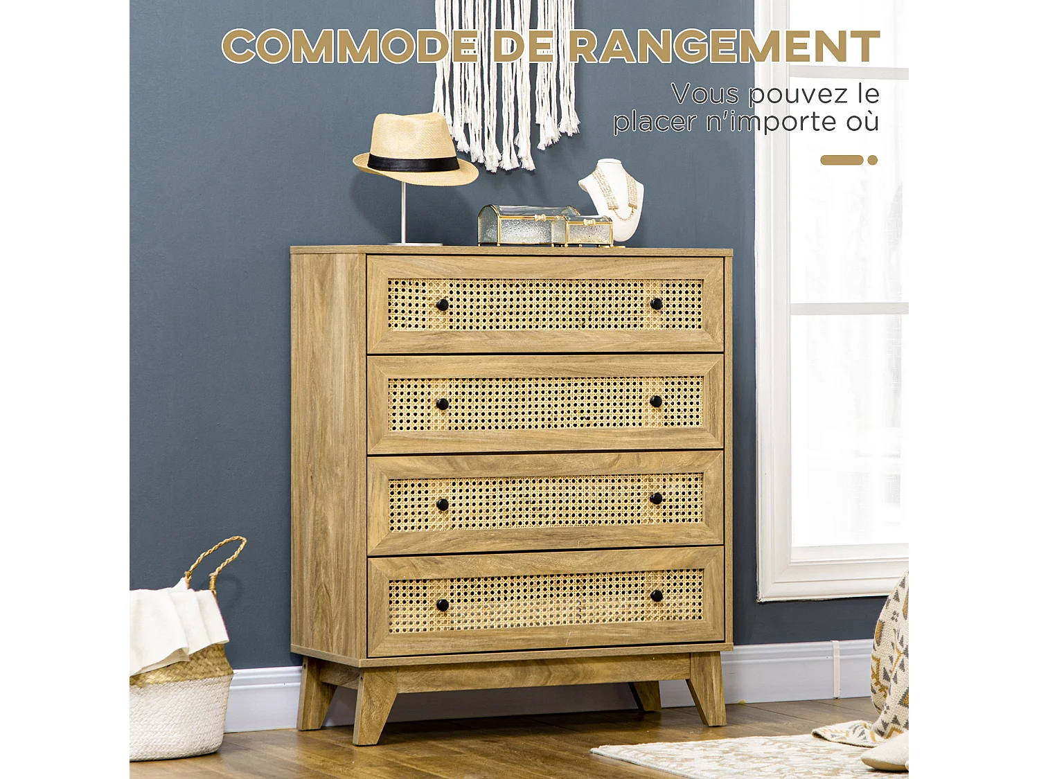 Commode 4 tiroirs style bohème chic cannage en rotin aspect bois de manguier