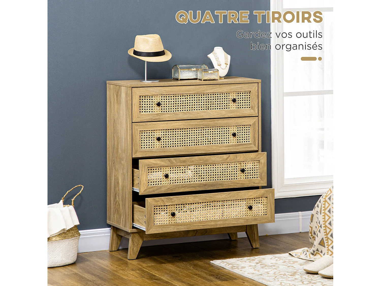 Commode 4 tiroirs style bohème chic cannage en rotin aspect bois de manguier