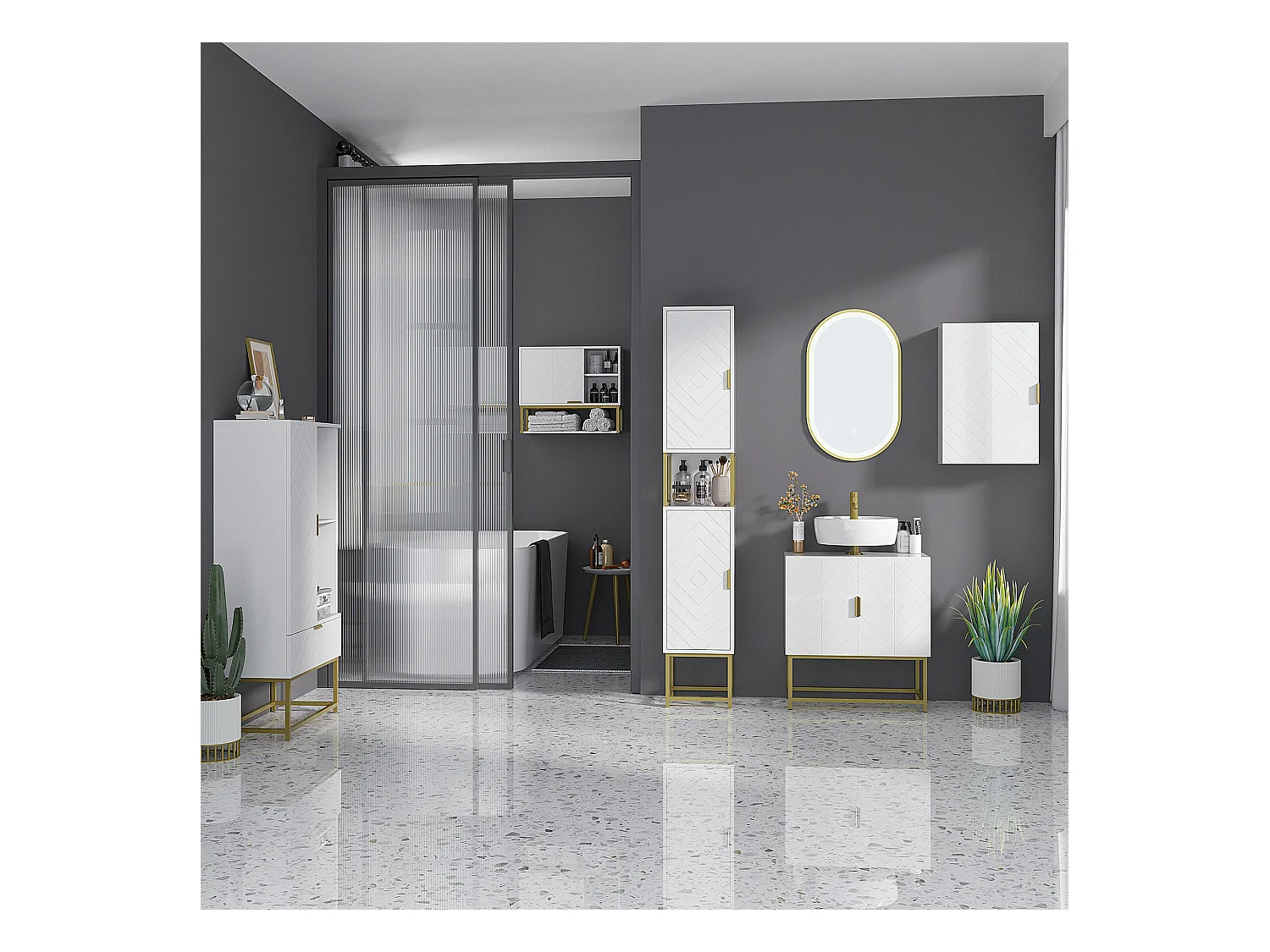 Armoire murale de salle de bain - porte, 2 étagères, 2 niches - acier doré MDF blanc