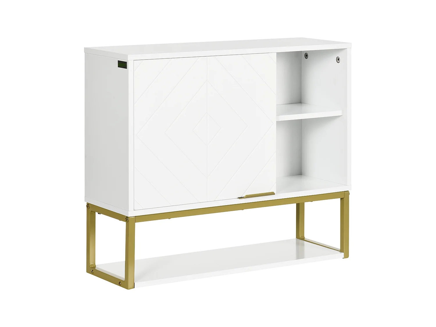 Armoire murale de salle de bain - porte, 2 étagères, 2 niches - acier doré MDF blanc