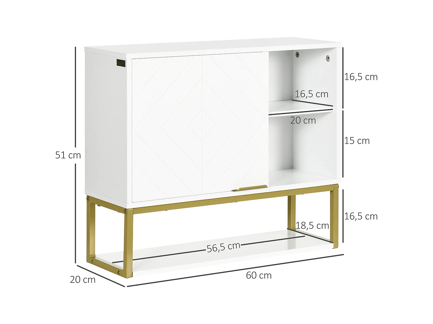 Armoire murale de salle de bain - porte, 2 étagères, 2 niches - acier doré MDF blanc