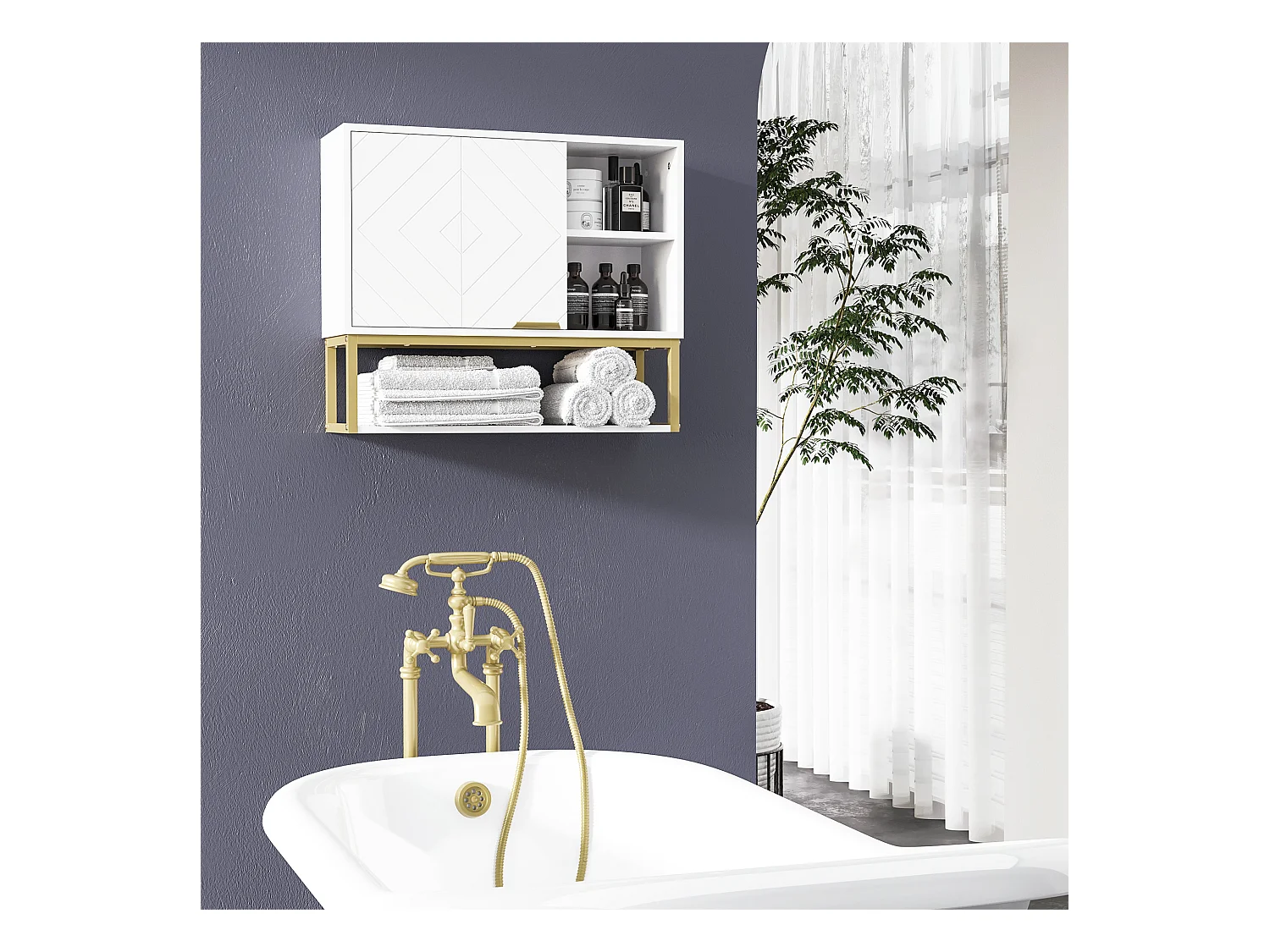 Armoire murale de salle de bain - porte, 2 étagères, 2 niches - acier doré MDF blanc