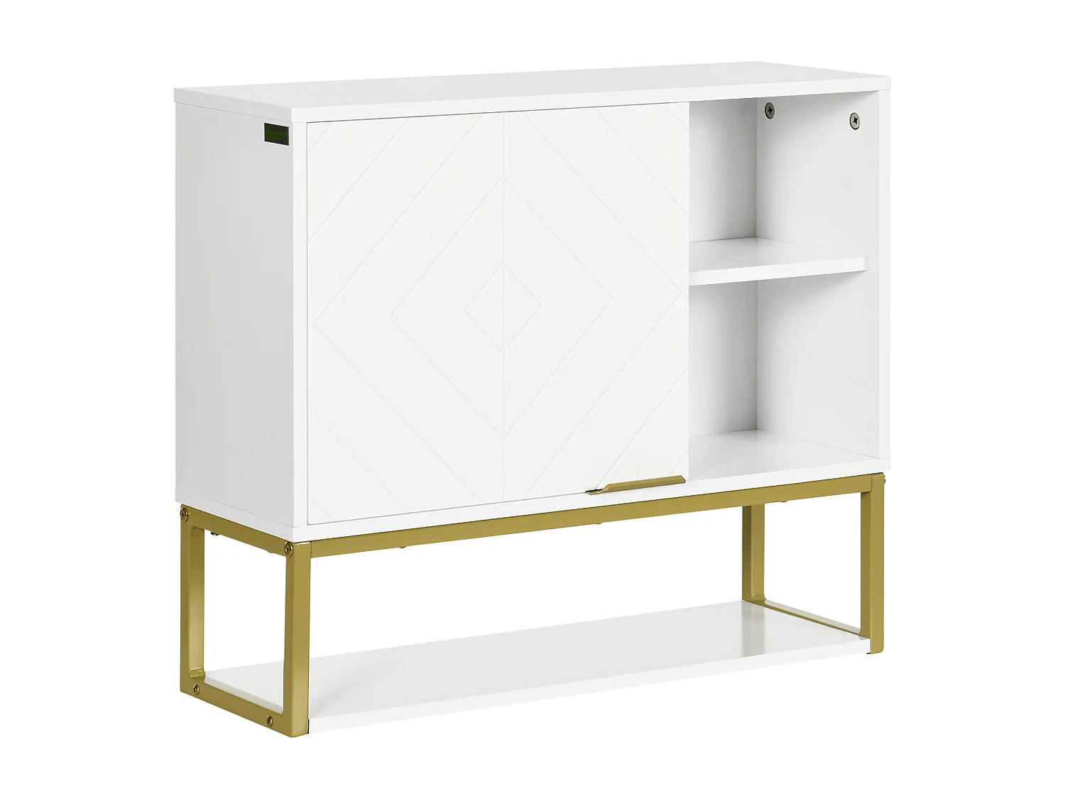 Armoire murale de salle de bain - porte, 2 étagères, 2 niches - acier doré MDF blanc