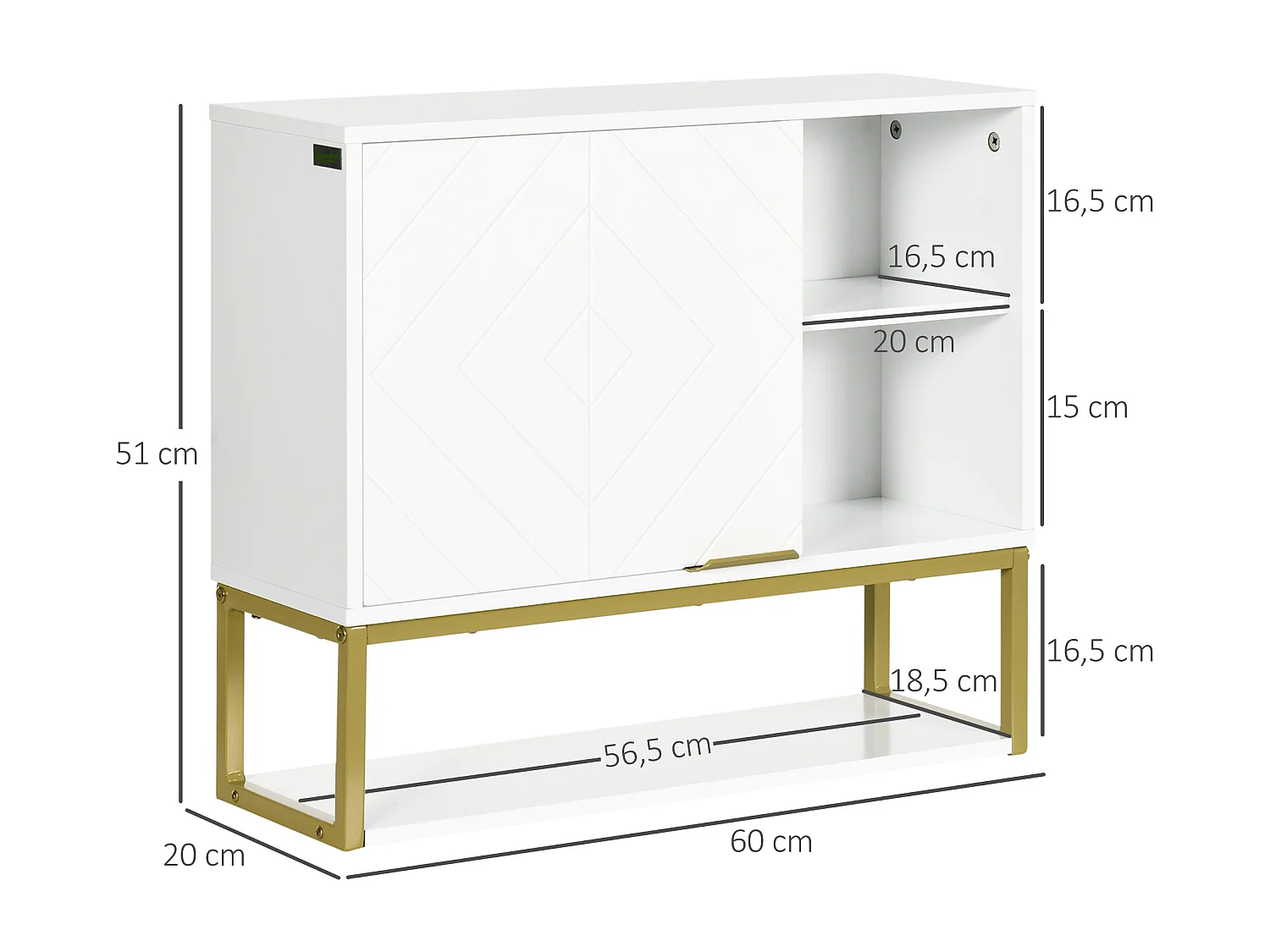 Armoire murale de salle de bain - porte, 2 étagères, 2 niches - acier doré MDF blanc