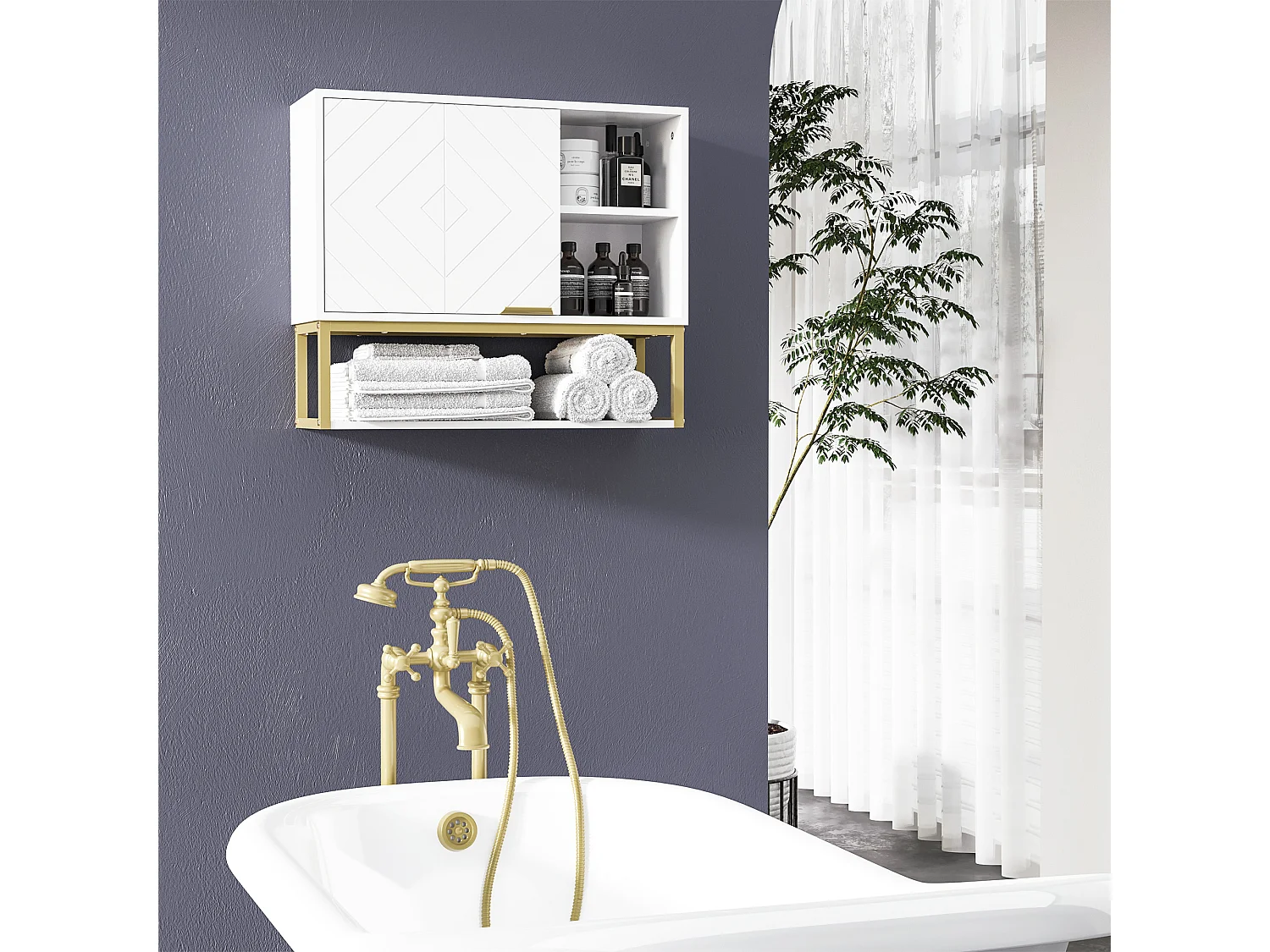 Armoire murale de salle de bain - porte, 2 étagères, 2 niches - acier doré MDF blanc