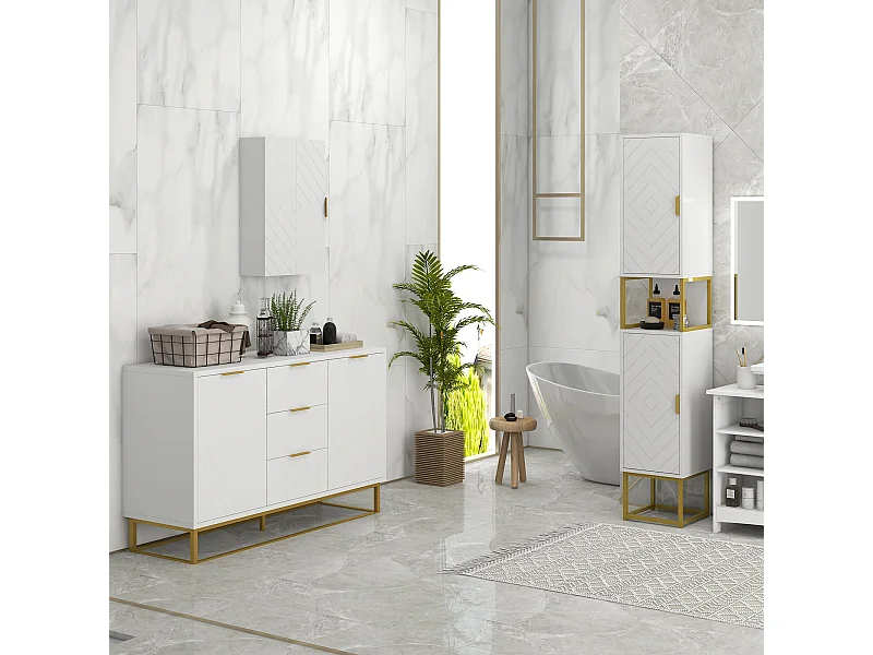 Armoire murale de salle de bain - porte, 2 étagères - poignée métal doré MDF blanc