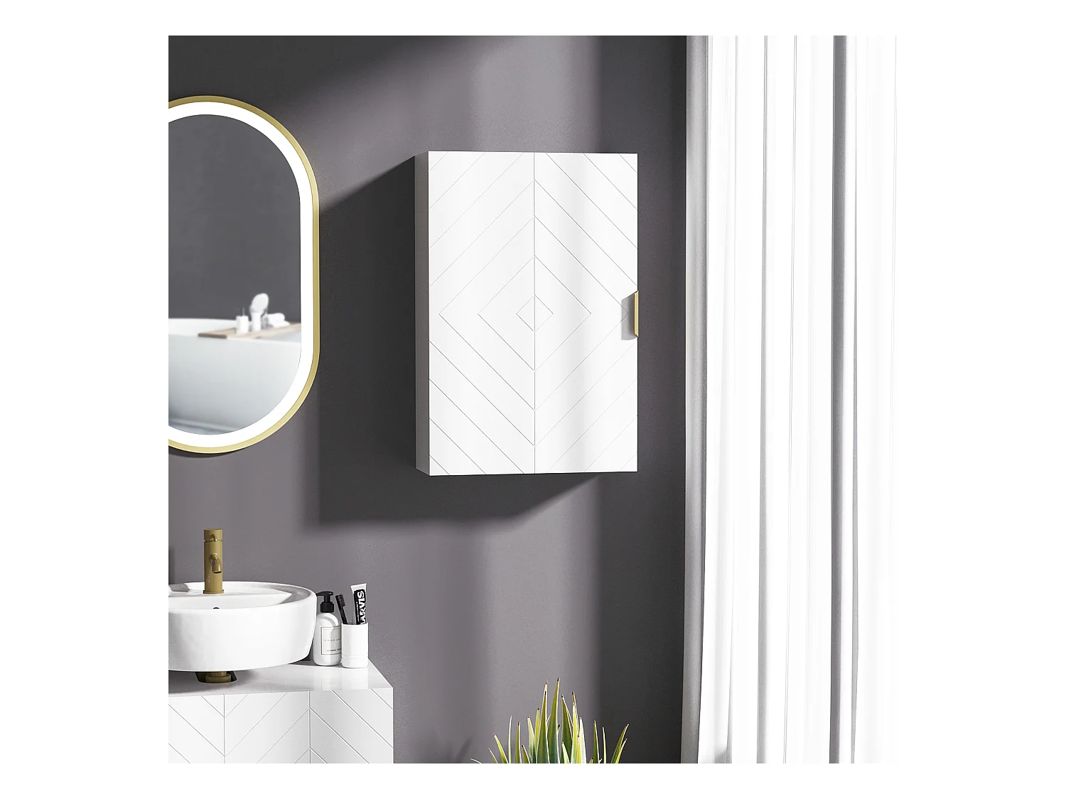 Armoire murale de salle de bain - porte, 2 étagères - poignée métal doré MDF blanc