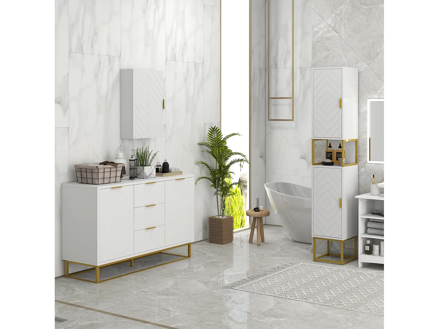 Armoire murale de salle de bain - porte, 2 étagères - poignée métal doré MDF blanc