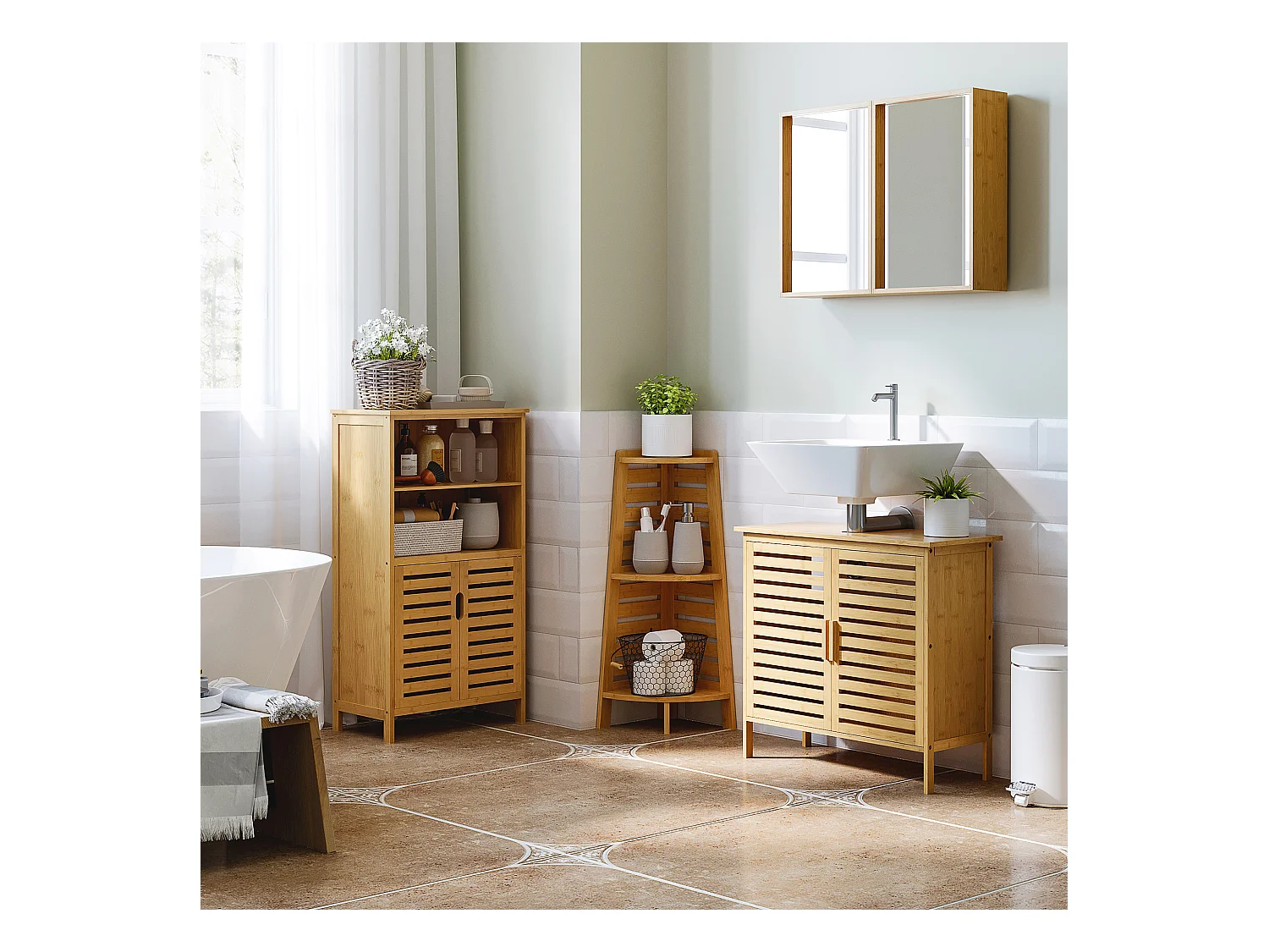 Miroir de salle de bain avec placard 2 portes - 2 étagères - bois de bambou verni