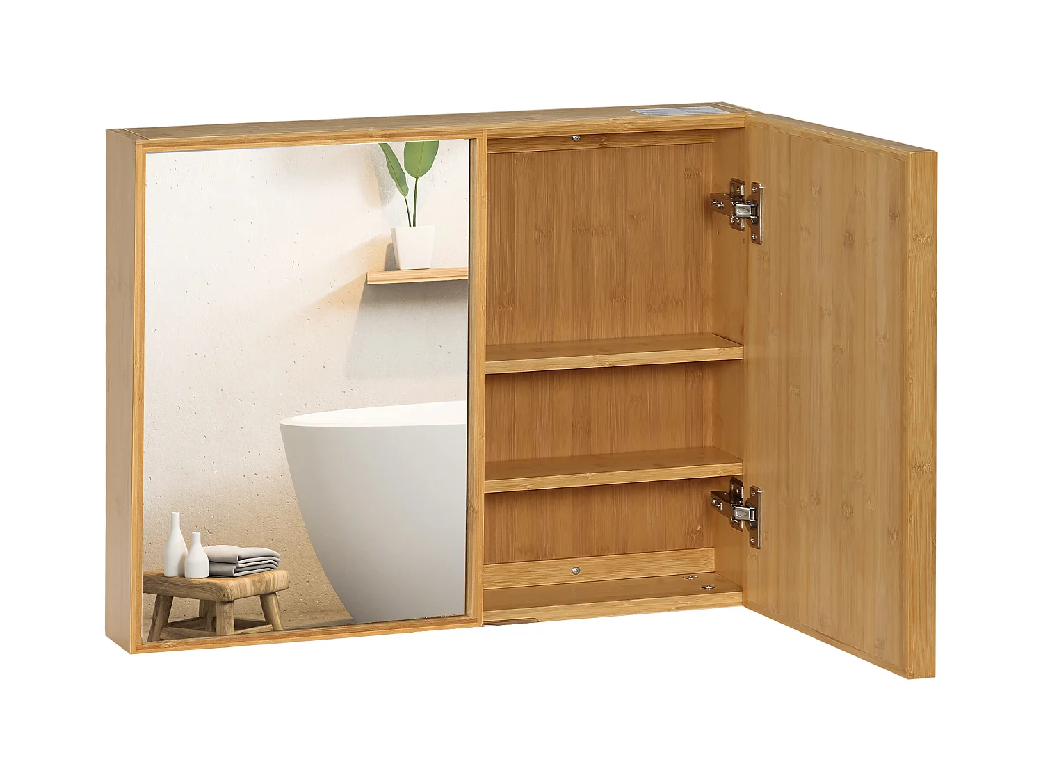 Miroir de salle de bain avec placard 2 portes - 2 étagères - bois de bambou verni