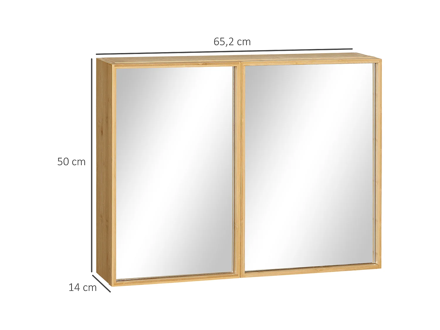 Miroir de salle de bain avec placard 2 portes - 2 étagères - bois de bambou verni