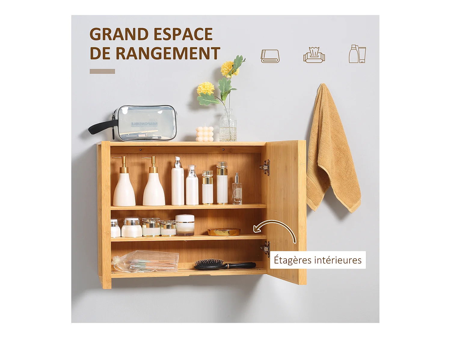 Miroir de salle de bain avec placard 2 portes - 2 étagères - bois de bambou verni