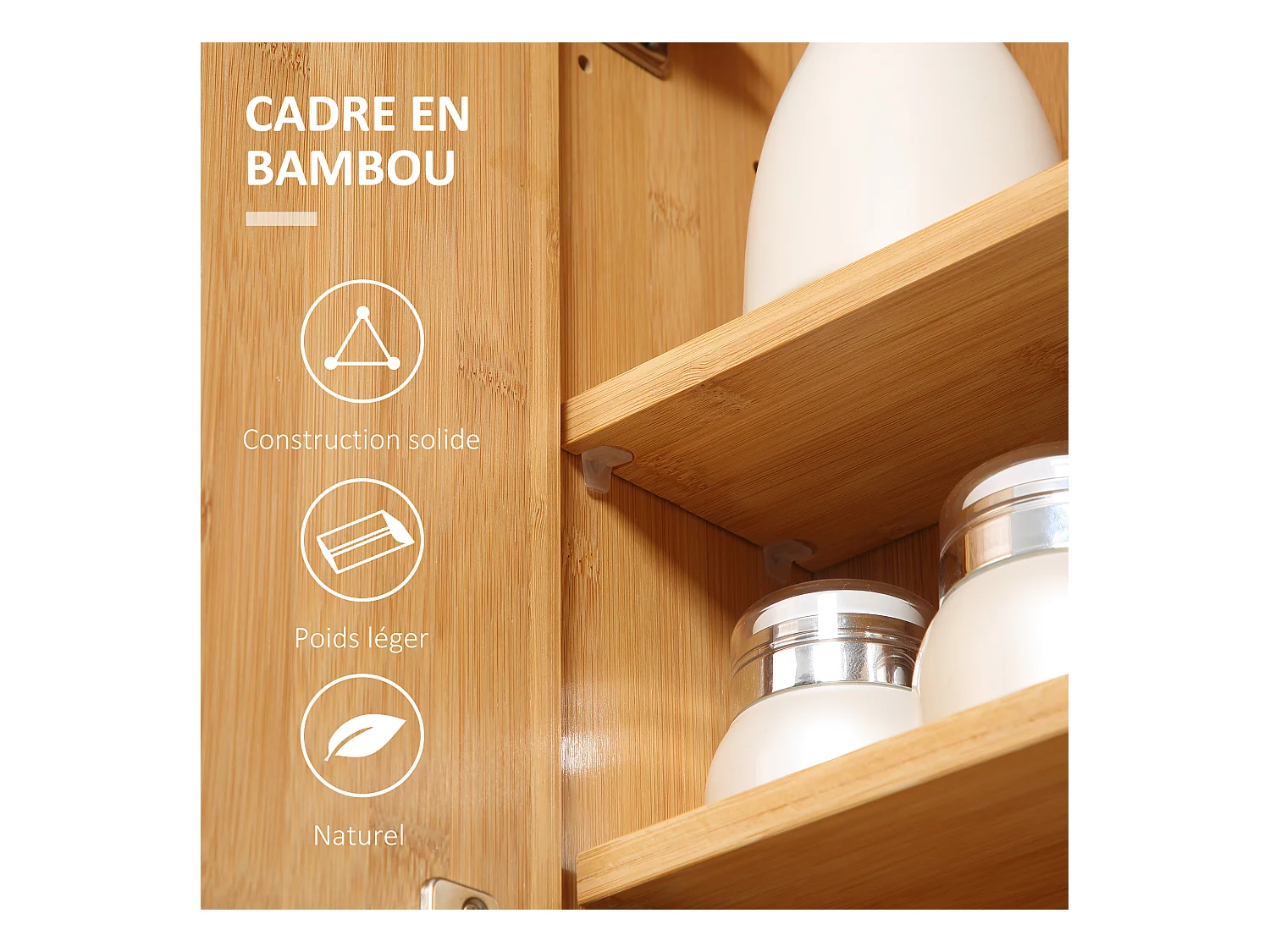 Miroir de salle de bain avec placard 2 portes - 2 étagères - bois de bambou verni