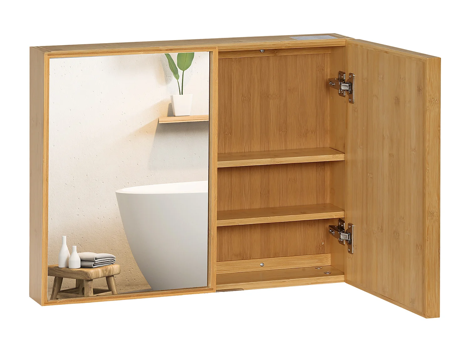 Miroir de salle de bain avec placard 2 portes - 2 étagères - bois de bambou verni