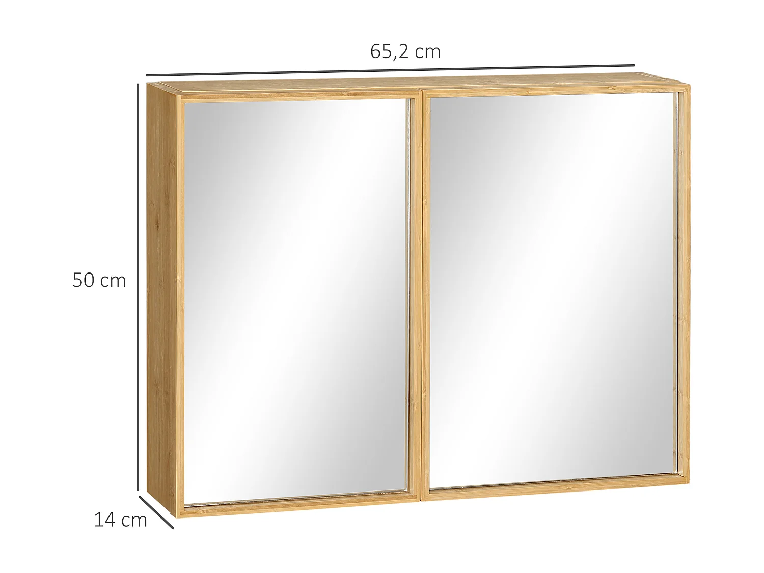 Miroir de salle de bain avec placard 2 portes - 2 étagères - bois de bambou verni